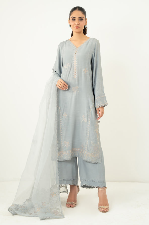 Stitched 3 Piece Embroidered Raw Silk Suit