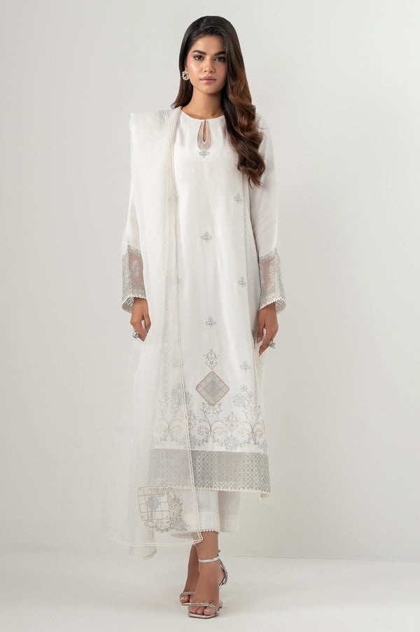 Stitched 3 Piece Embroidered Raw Silk Suit