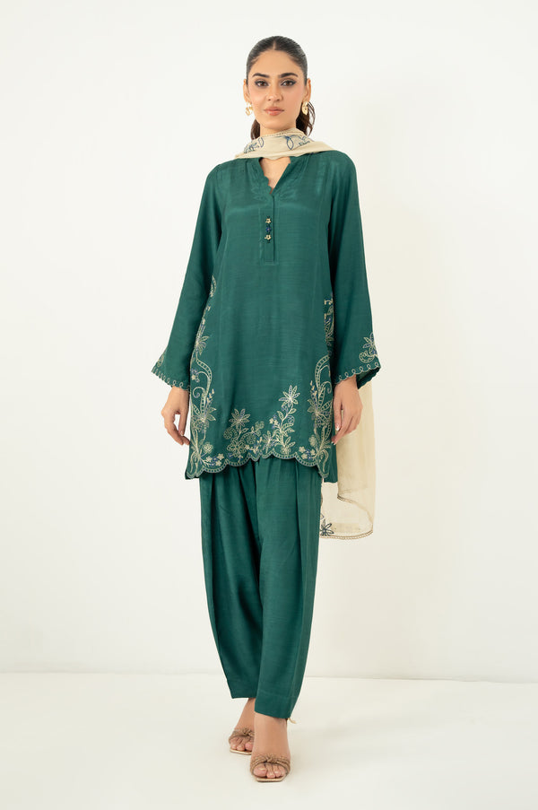 Stitched 3 Piece Embroidered Raw Silk Suit