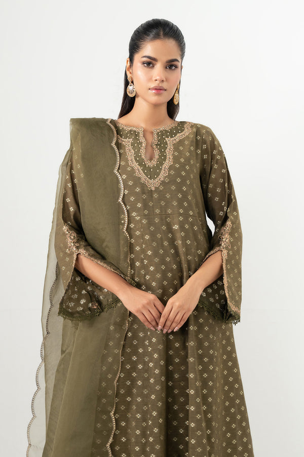 Stitched 3 Piece Embroidered Zari Jacquard Suit