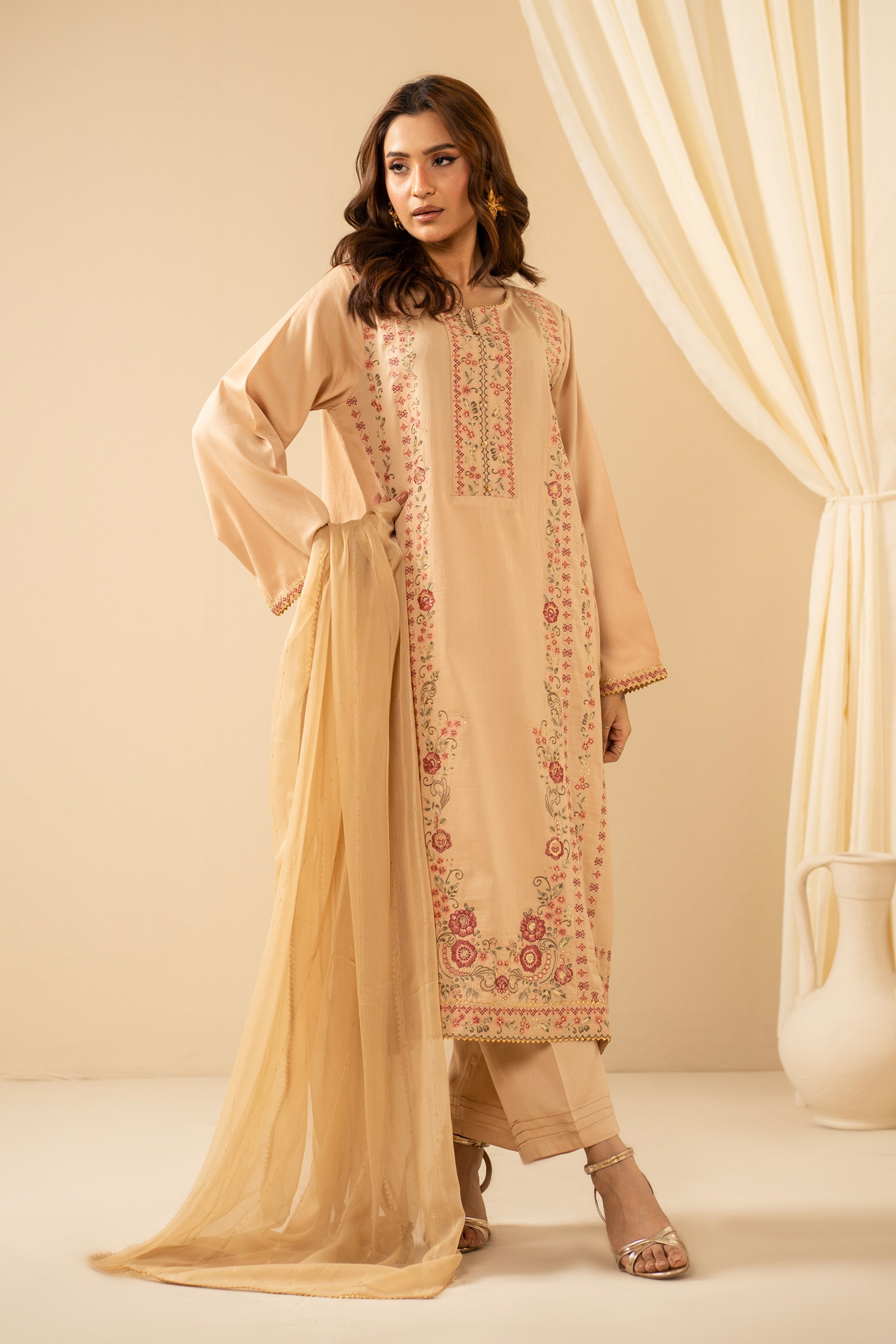 STITCHED EMBROIDERED COTTON NET SUIT (FACTORY E-OUTLET)
