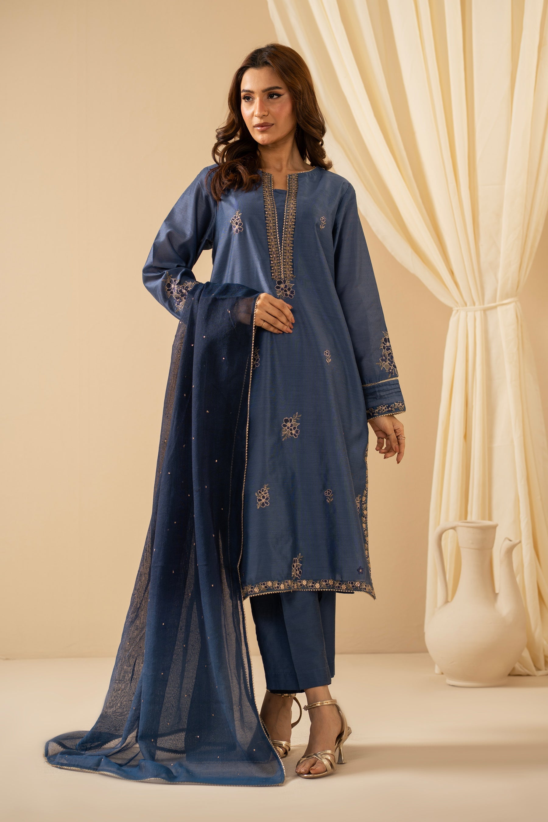 STITCHED EMBROIDERED COTTON NET SUIT (FACTORY E-OUTLET)