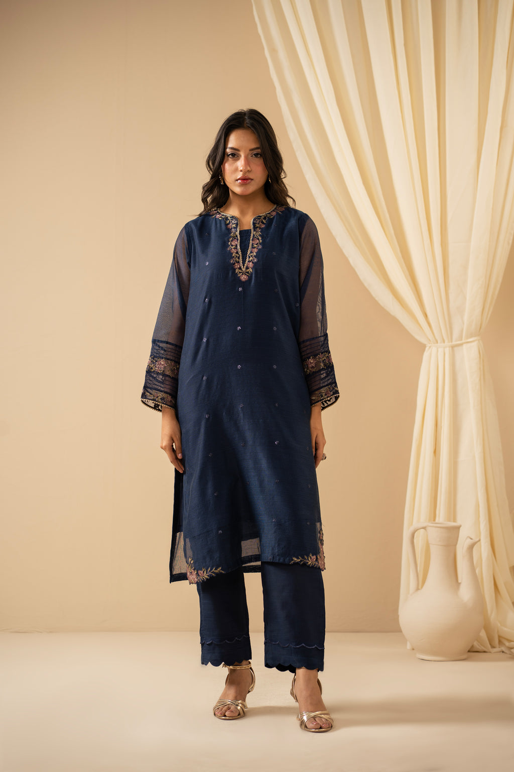 STITCHED EMBROIDERED KHADDI NET SUIT