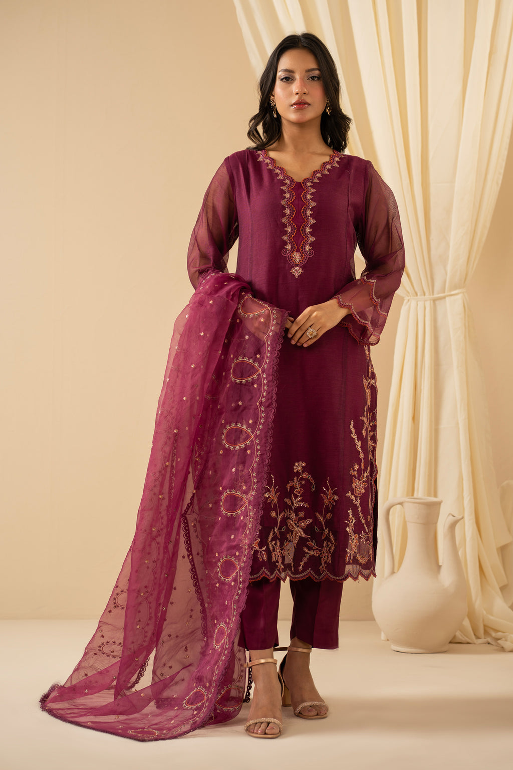 STITCHED EMBROIDERED KHADDI NET SUIT