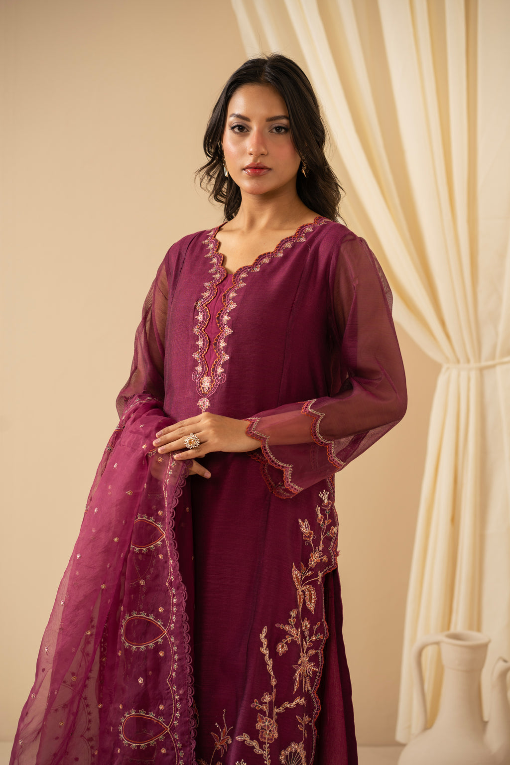 STITCHED EMBROIDERED KHADDI NET SUIT