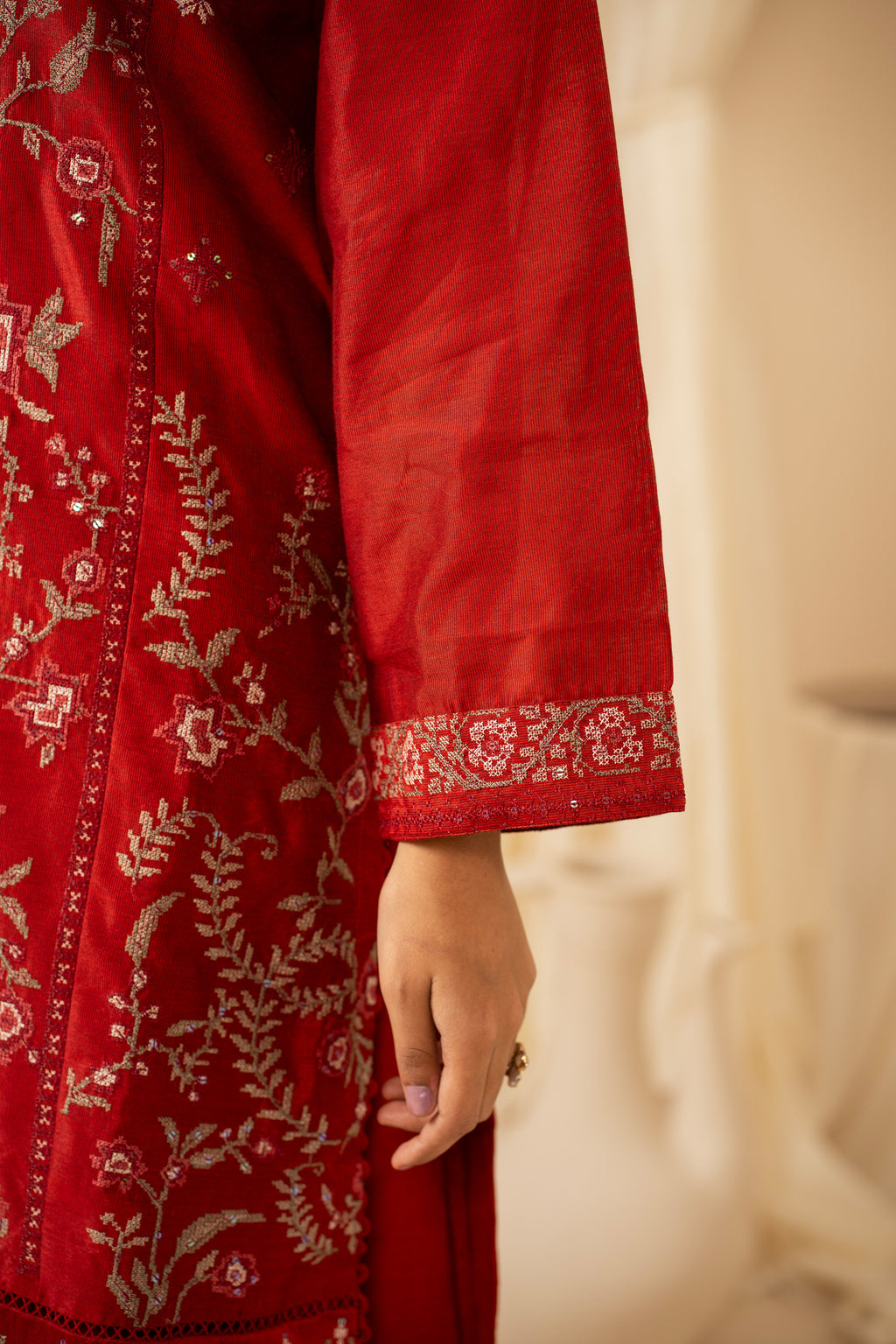 STITCHED EMBROIDERED COTTON NET 3 PIECE SUIT