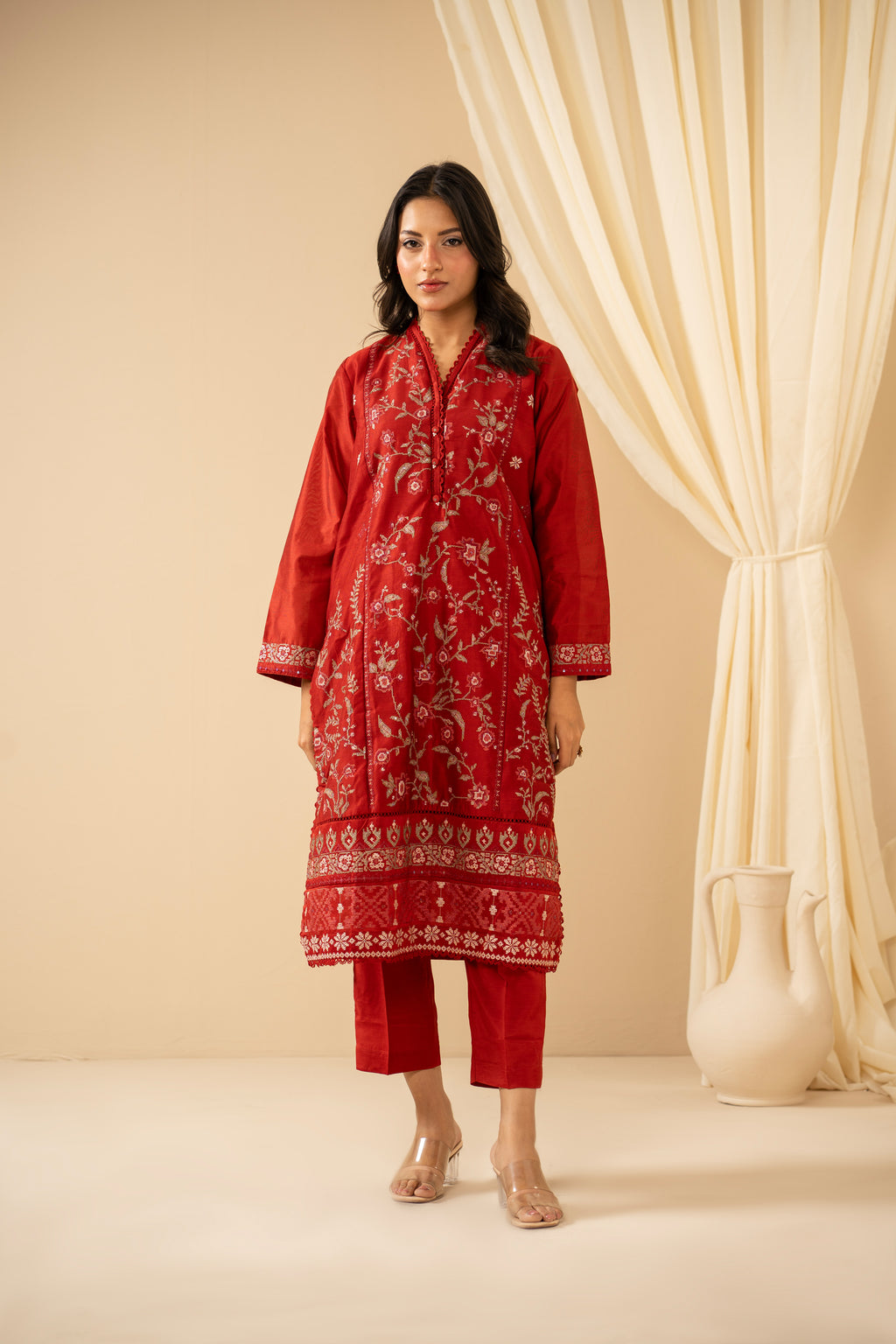 STITCHED EMBROIDERED COTTON NET 3 PIECE SUIT