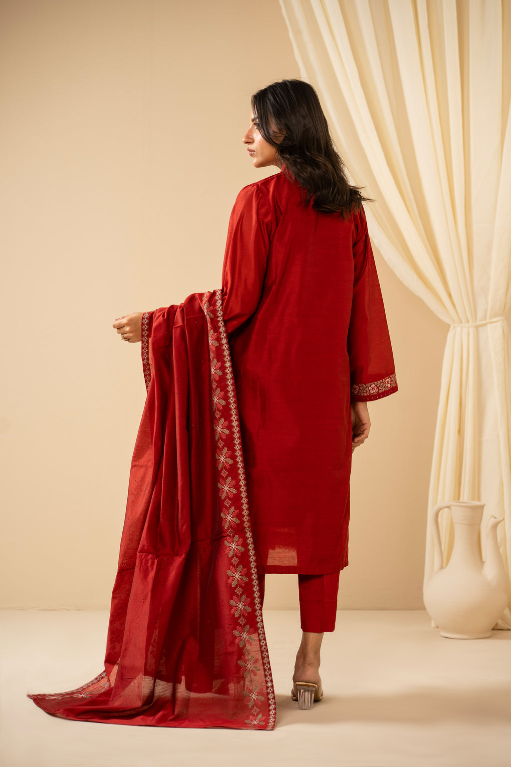 STITCHED EMBROIDERED COTTON NET 3 PIECE SUIT