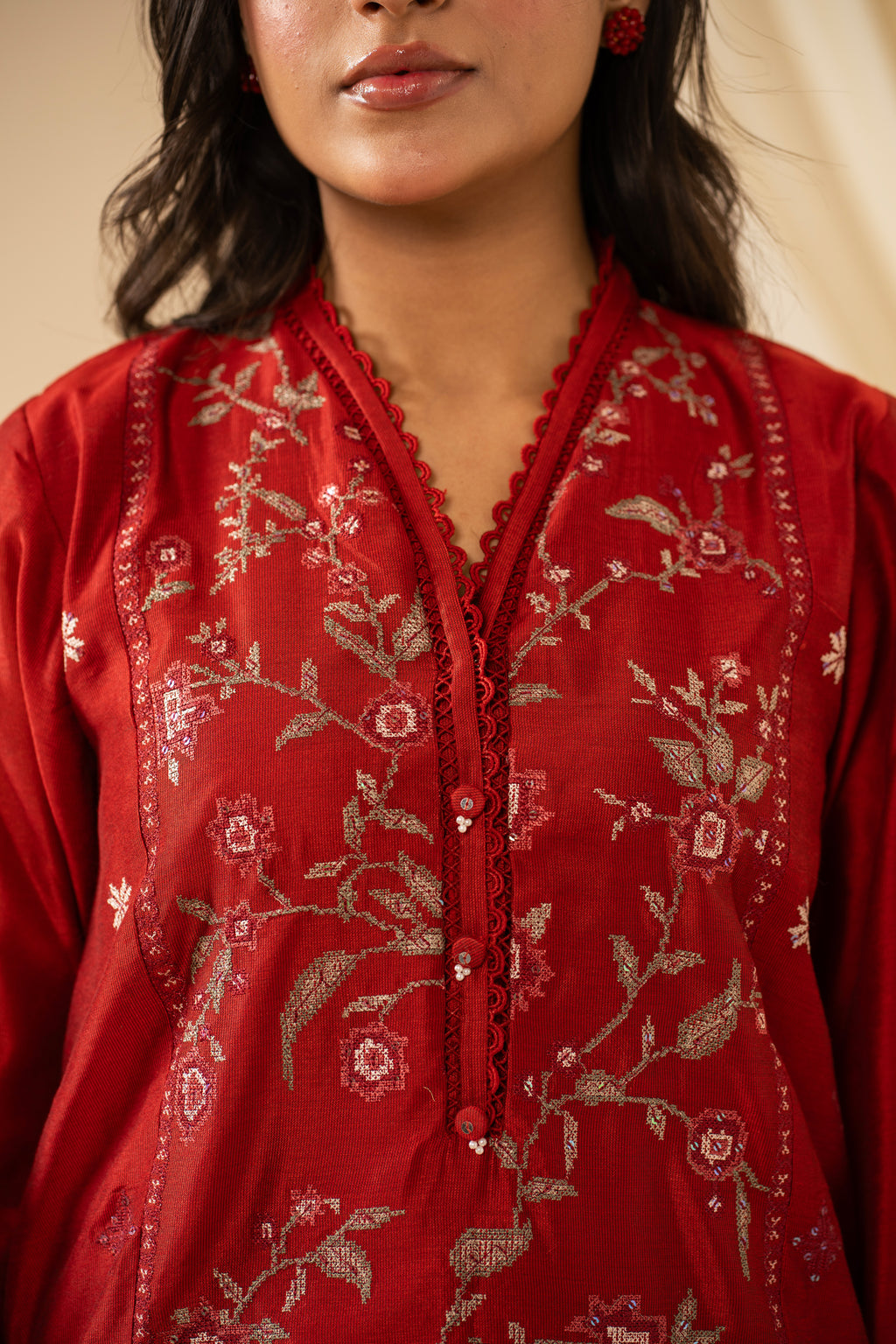 STITCHED EMBROIDERED COTTON NET 3 PIECE SUIT