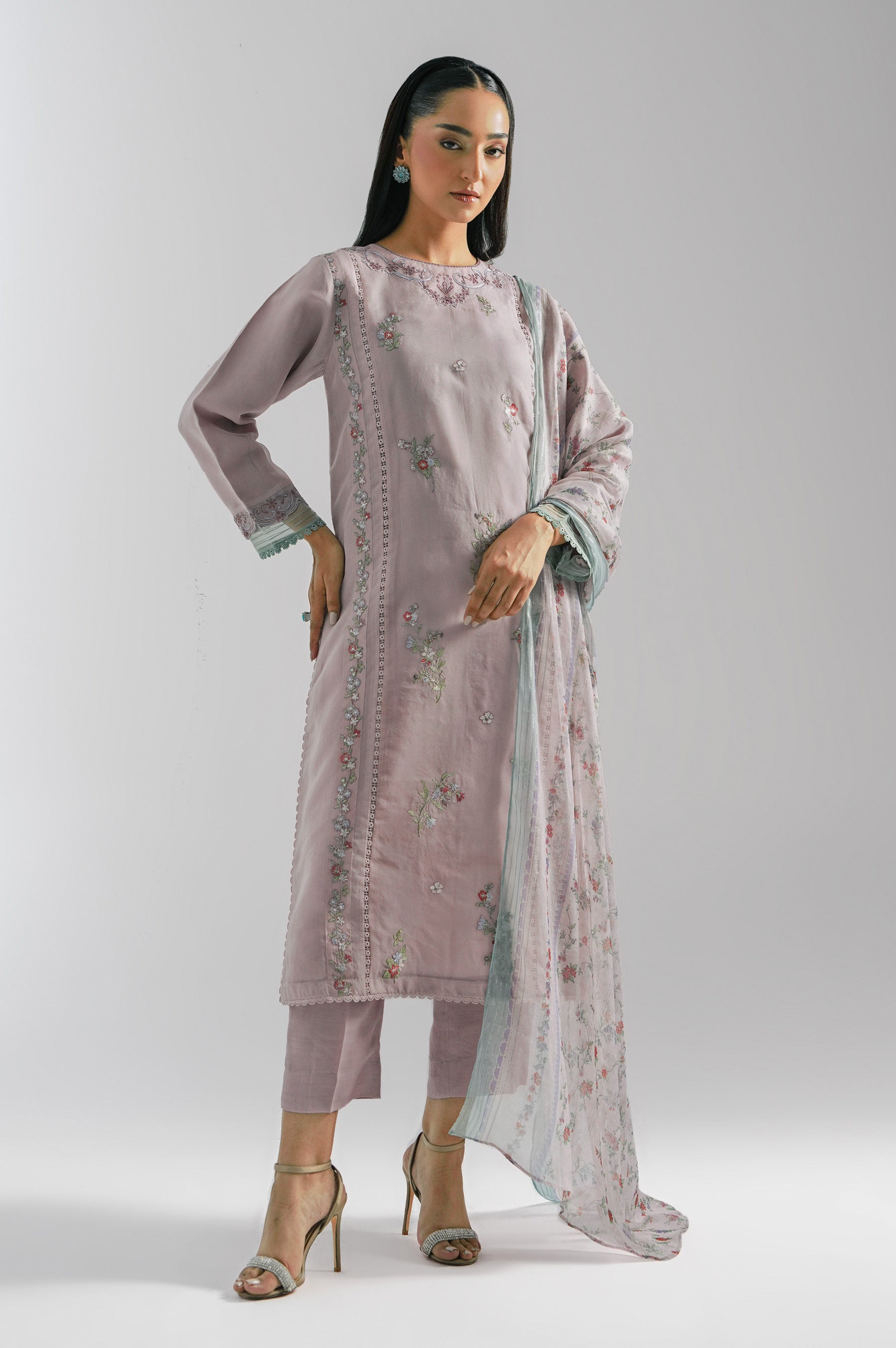 STITCHED EMBROIDERED ORGANZA SUIT