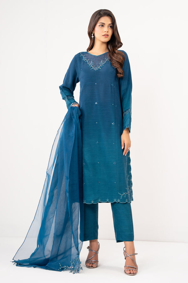 Stitched 3 Piece Embroidered Raw Silk Suit