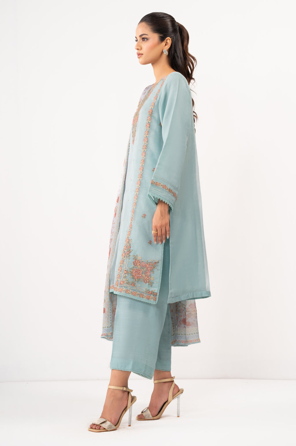 Stitched 3 Piece Embroidered Organza Suit