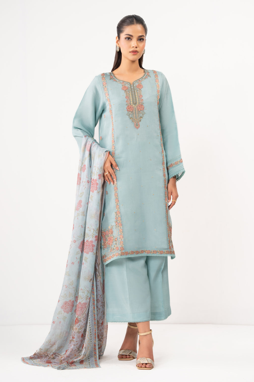 Stitched 3 Piece Embroidered Organza Suit