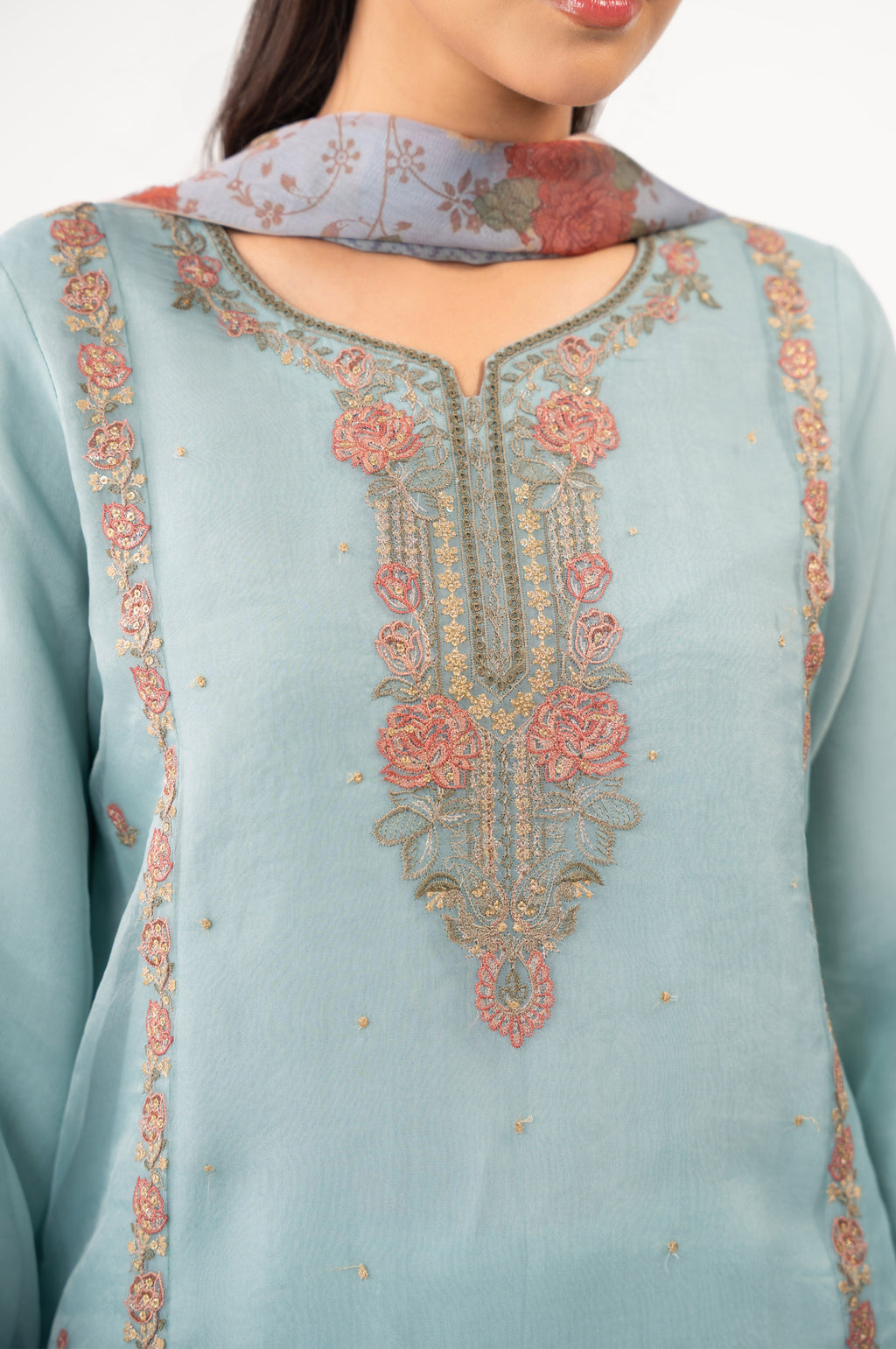 Stitched 3 Piece Embroidered Organza Suit