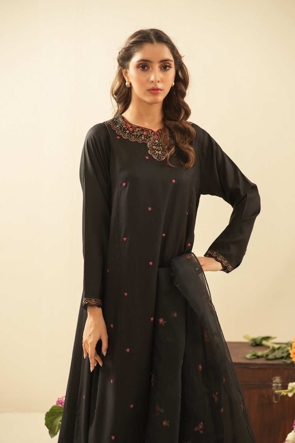 EMBROIDERED RAW SILK STITCHED 3 PIECE SUIT