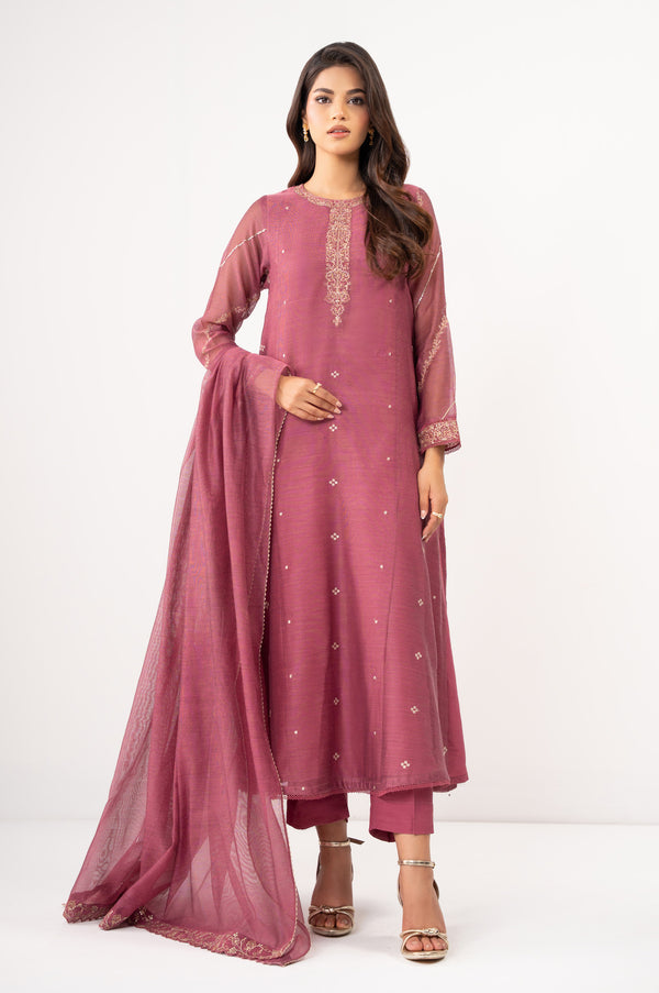 Stitched 3 Piece Embroidered Khaddi Net Suit