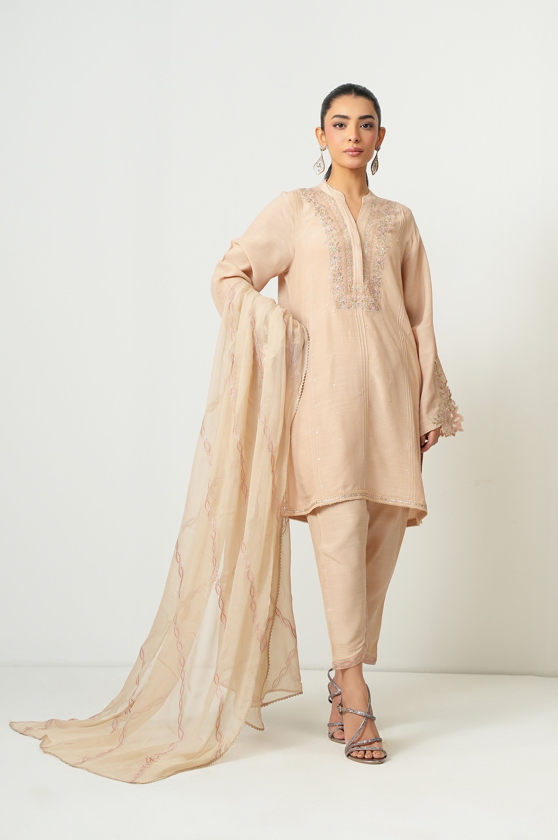 STITCHED EMBROIDERED RAW SILK SHIRT BOTTOM