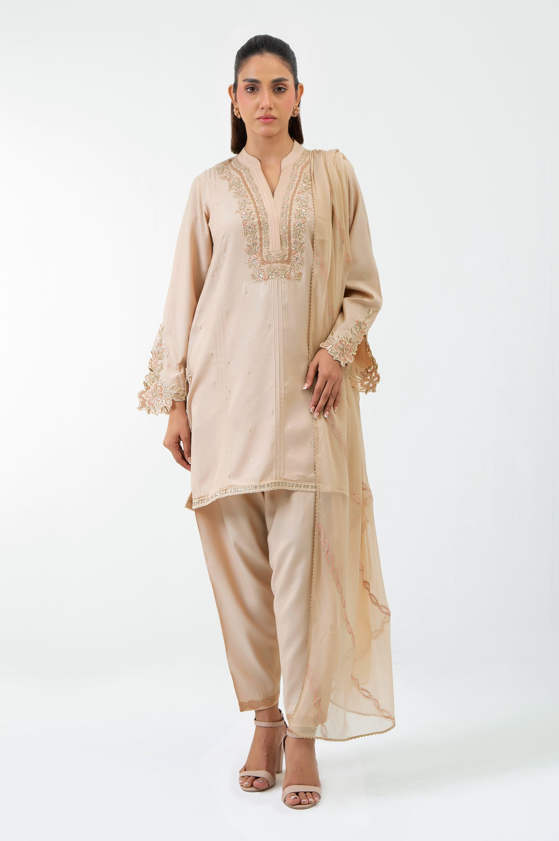 STITCHED EMBROIDERED RAW SILK SUIT