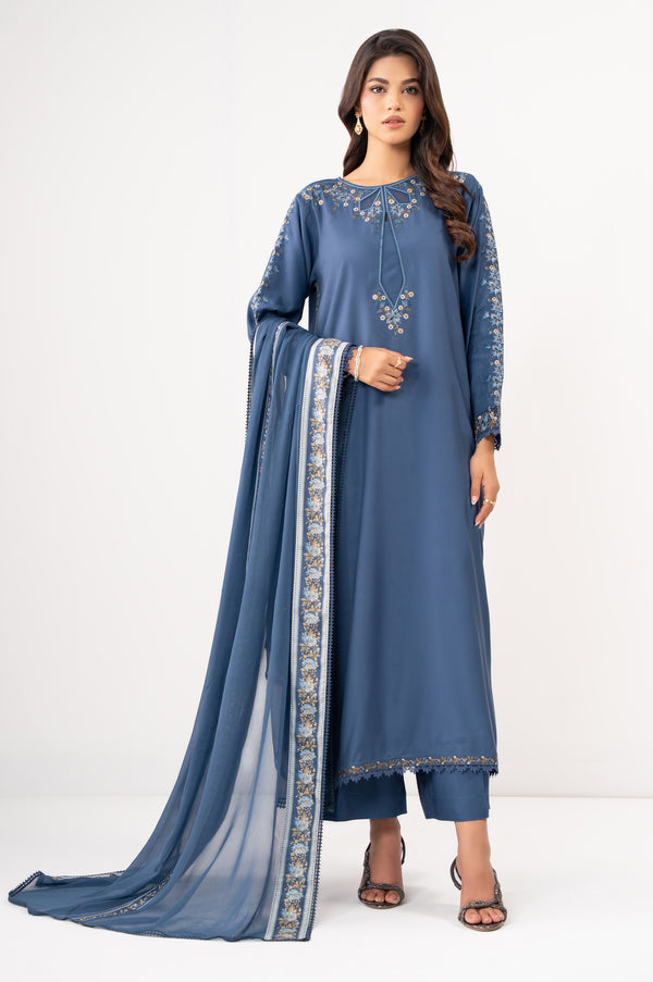 Stitched 3 Piece Embroidered Raw Silk Suit