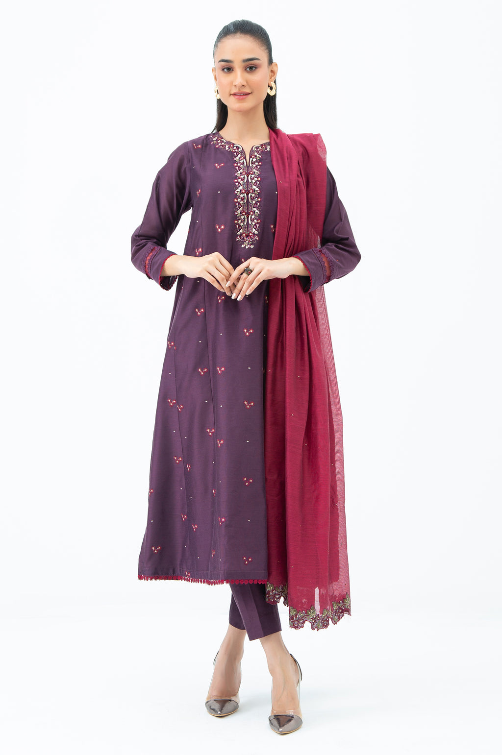EMBROIDERED COTTON NET STITCHED 3 PIECE SUIT