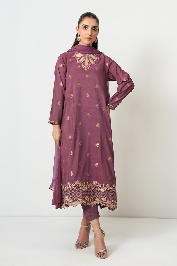 Stitched 3 Piece Embroidered Zari Jacquard Suit