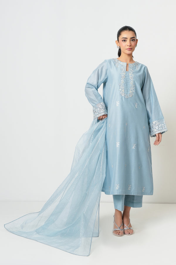 Stitched 3 Piece Embroidered Cotton Net Suit