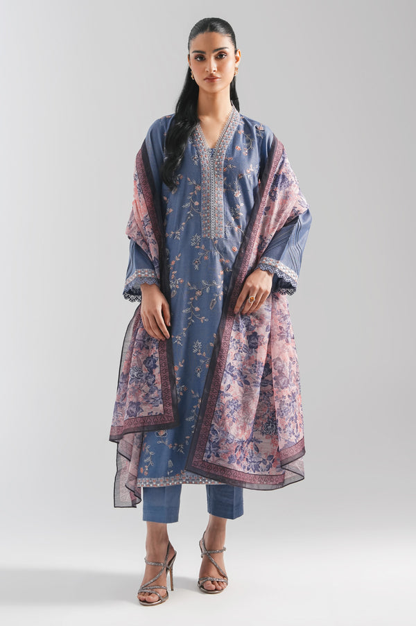 Stitched 3 Piece Embroidered Cotton Net Suit