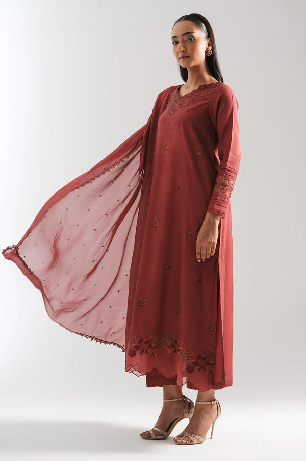 Stitched 3 Piece Embroidered Cotton Silk Suit