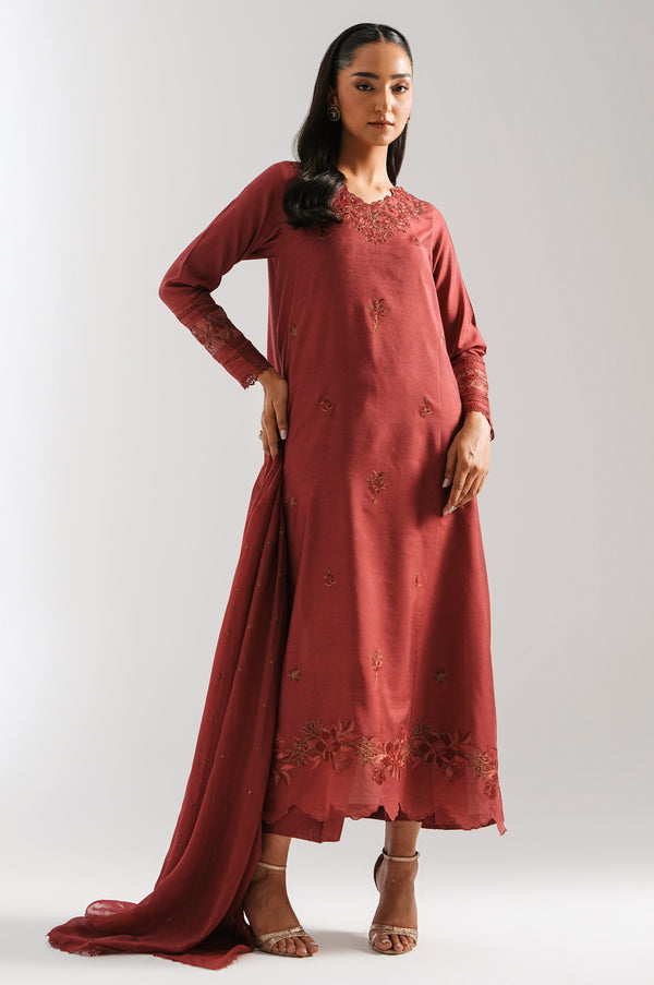Stitched 3 Piece Embroidered Cotton Silk Suit