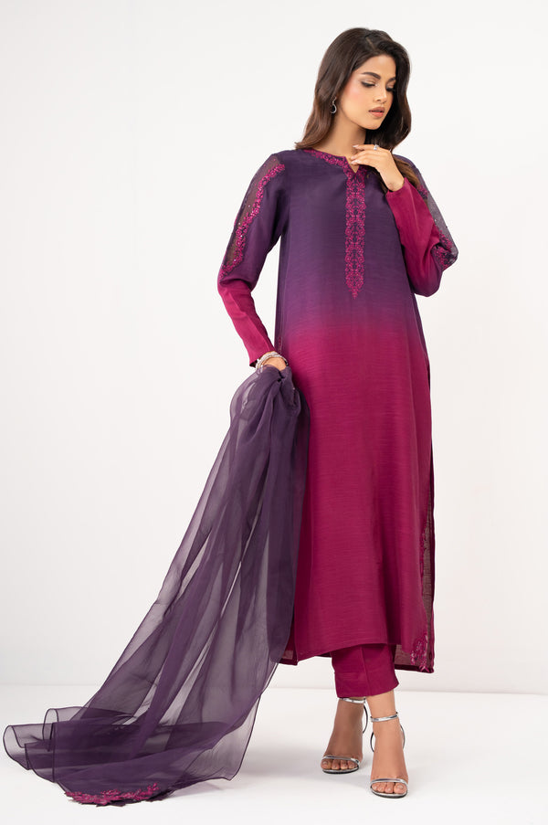 Stitched 3 Piece Embroidered Raw Silk Suit