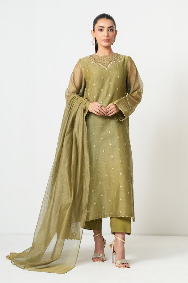 Stitched 3 Piece Embroidered Khaddi Net Suit