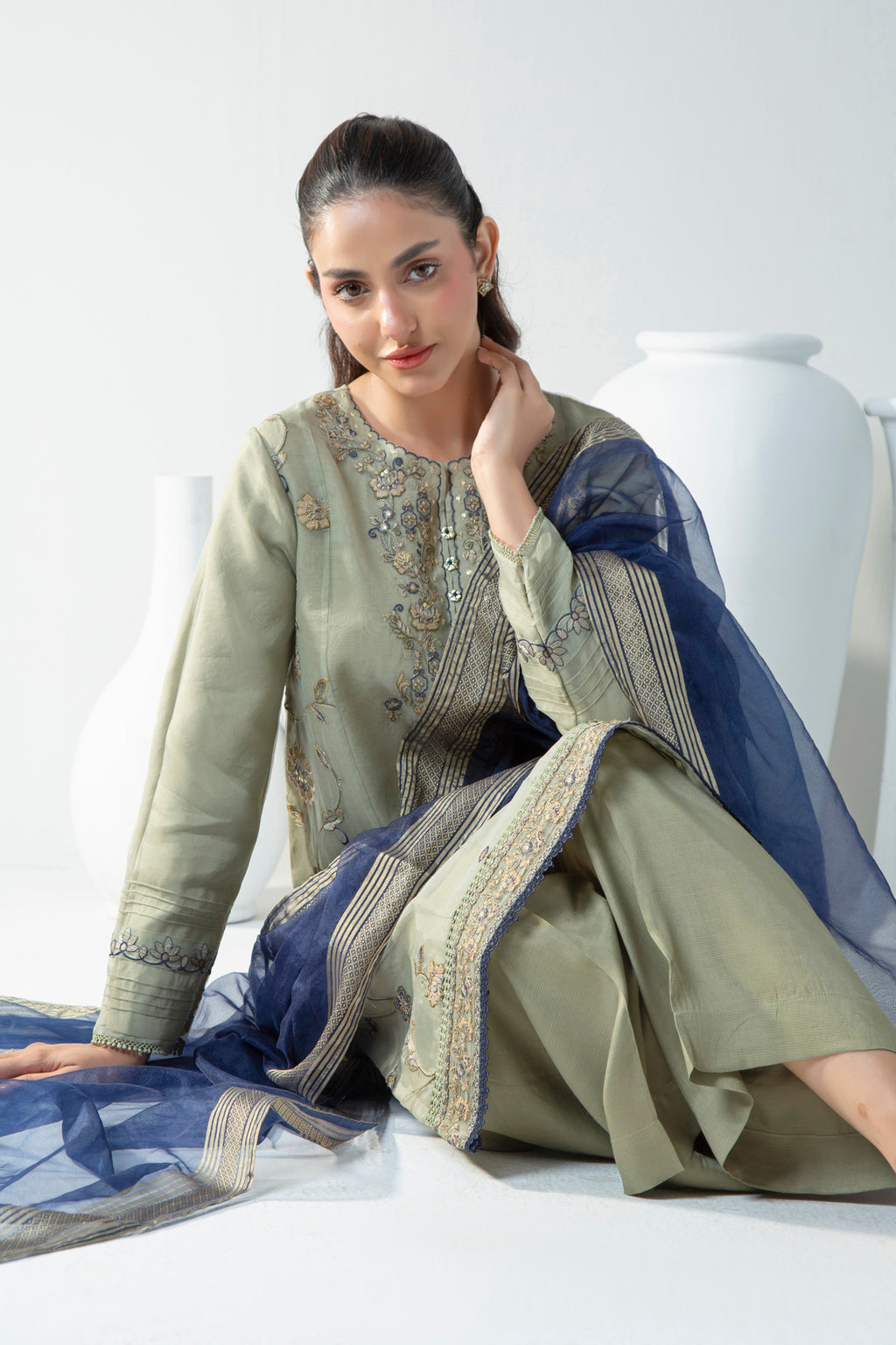 STITCHED EMBROIDERED ORGANZA  SUIT