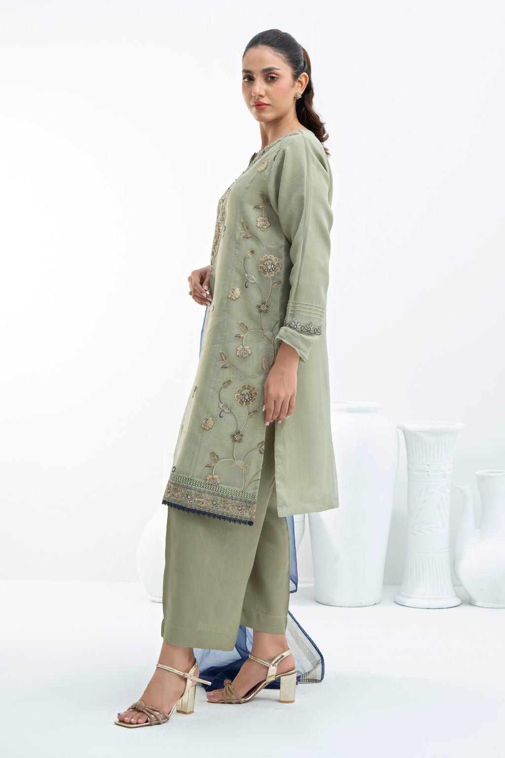 STITCHED EMBROIDERED ORGANZA  SUIT