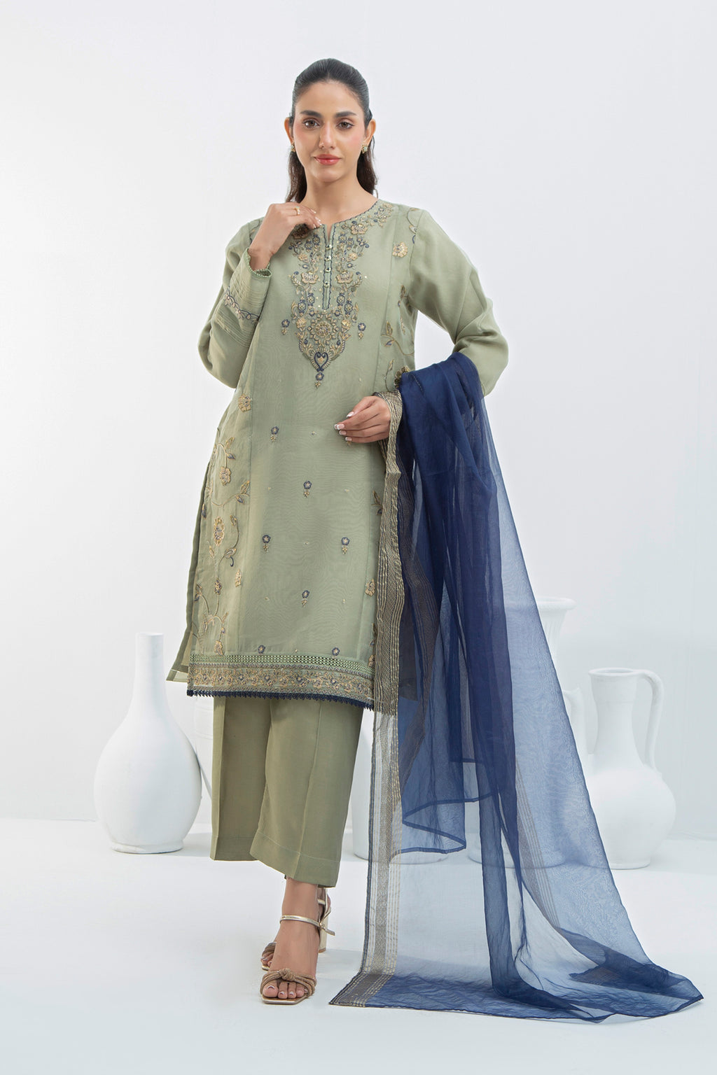 STITCHED EMBROIDERED ORGANZA  SUIT