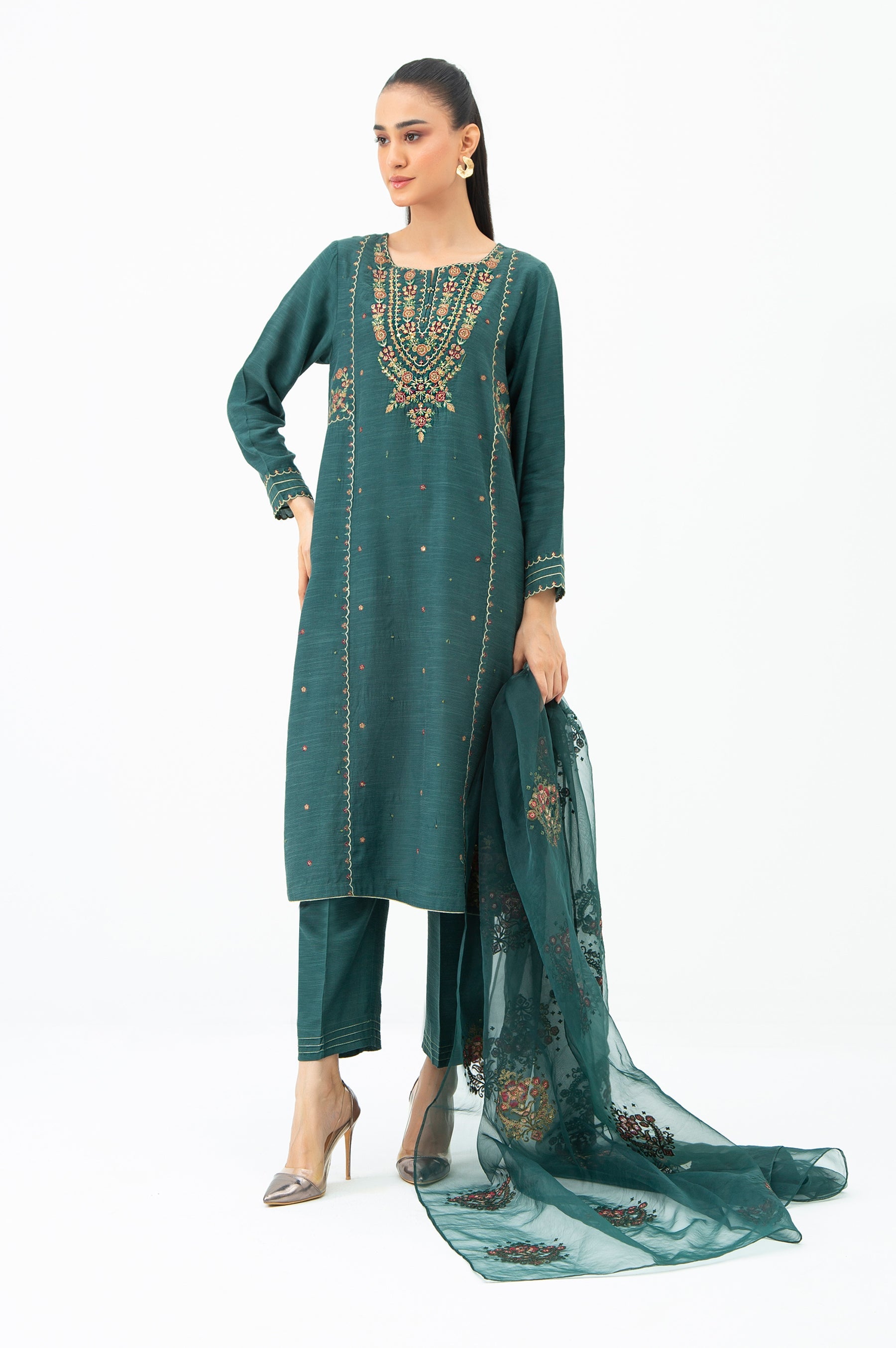 EMBROIDERED RAW SILK STITCHED 3 PIECE SUIT (FACTORY E-OUTLET)