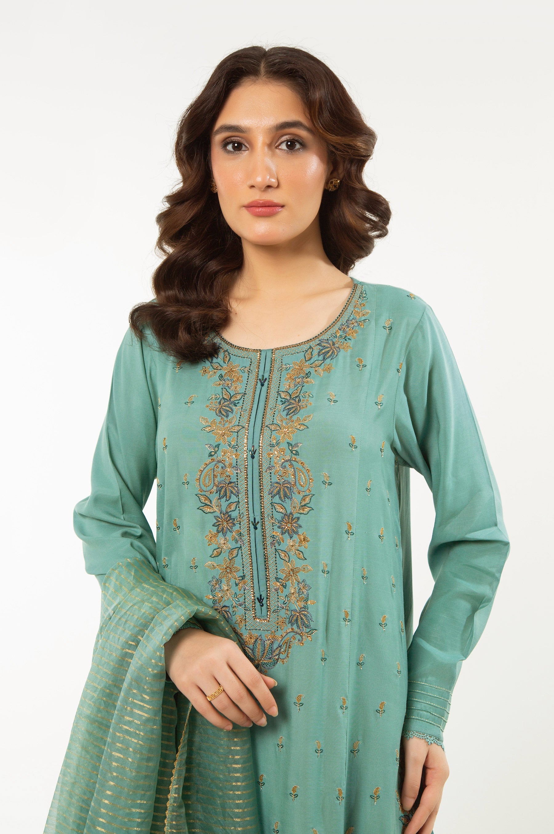 STITCHED EMBROIDERED RAW SILK SUIT (FACTORY E-OUTLET)