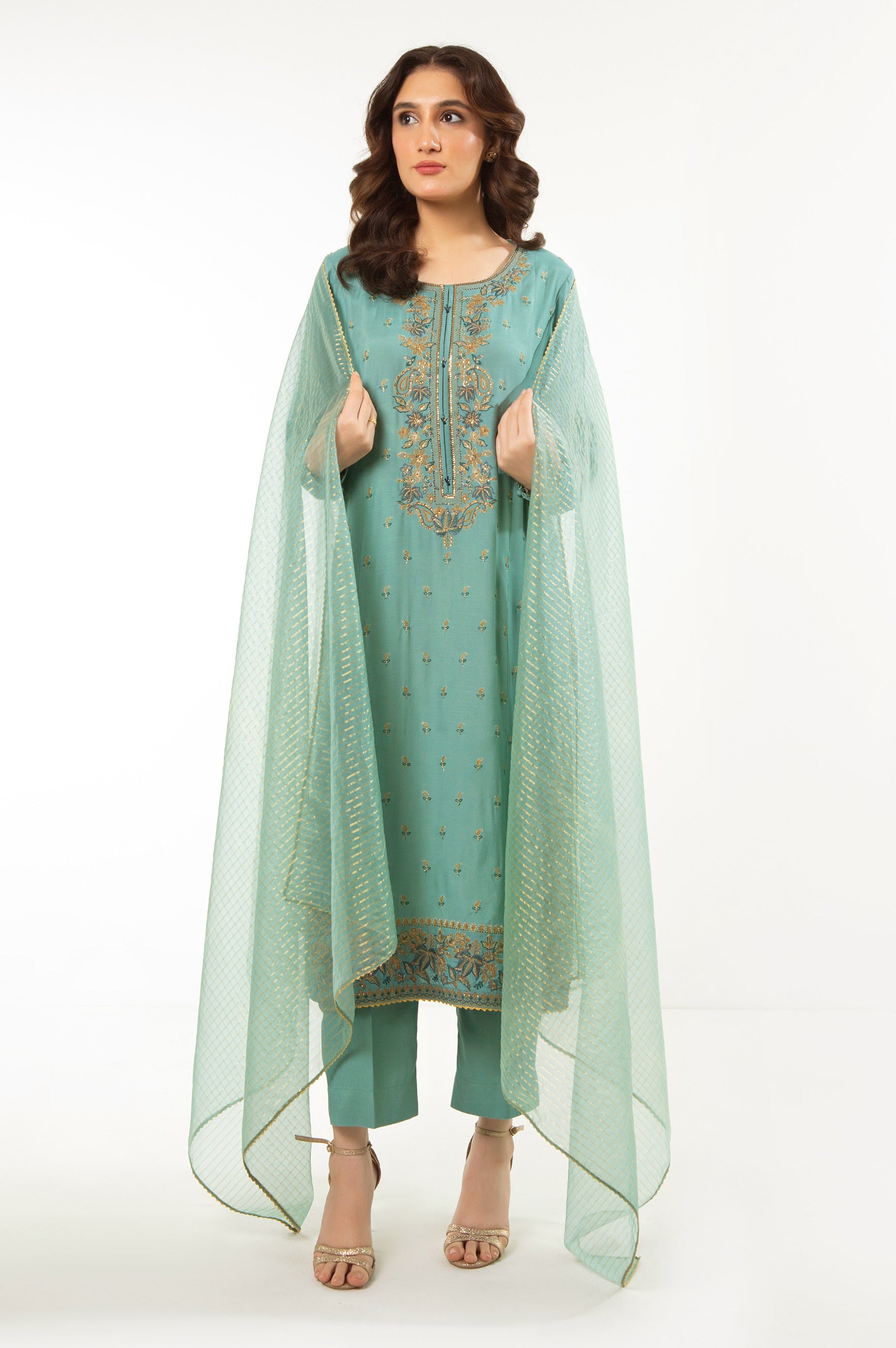 STITCHED EMBROIDERED RAW SILK SUIT