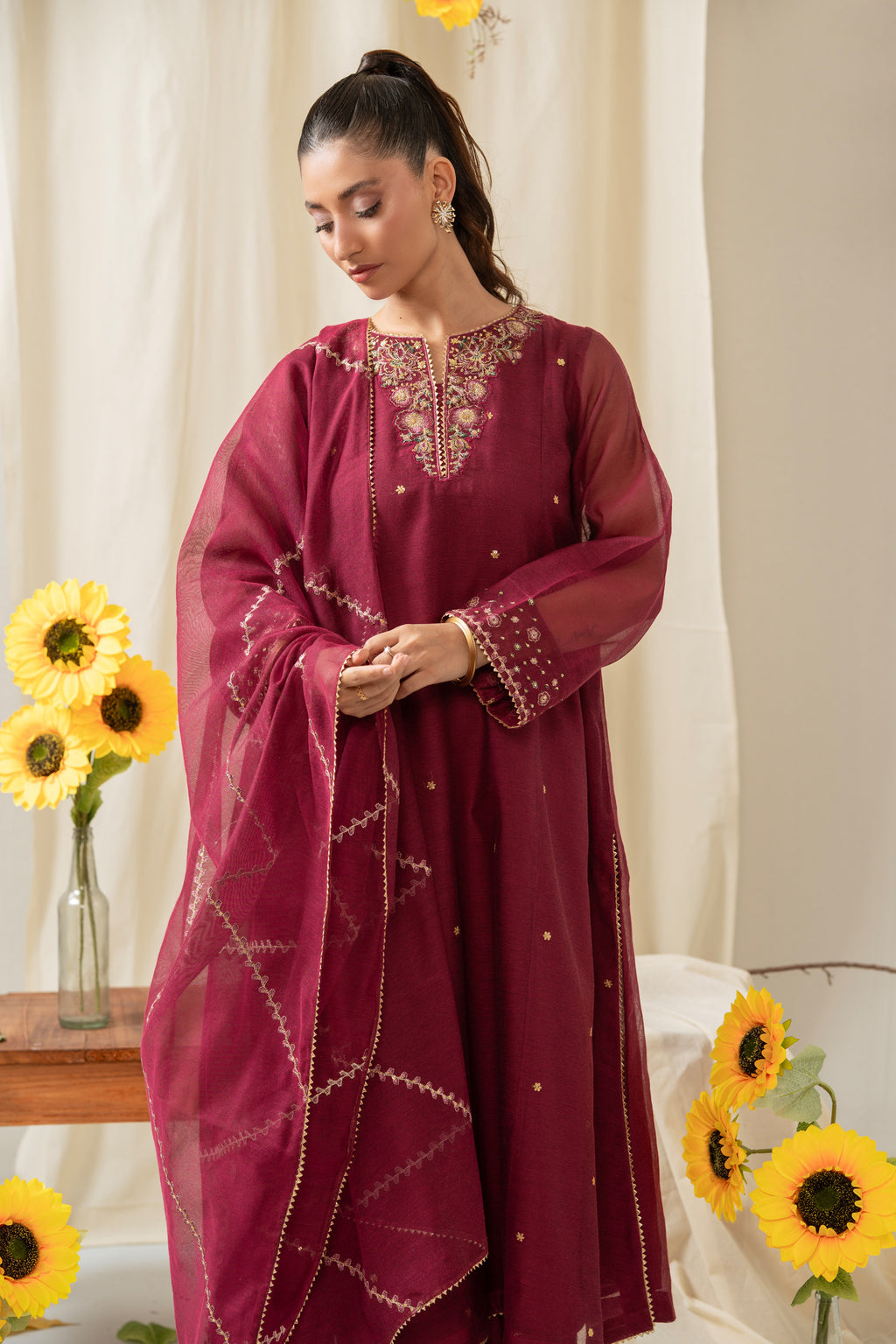 STITCHED EMBROIDERED KHADDI NET SUIT