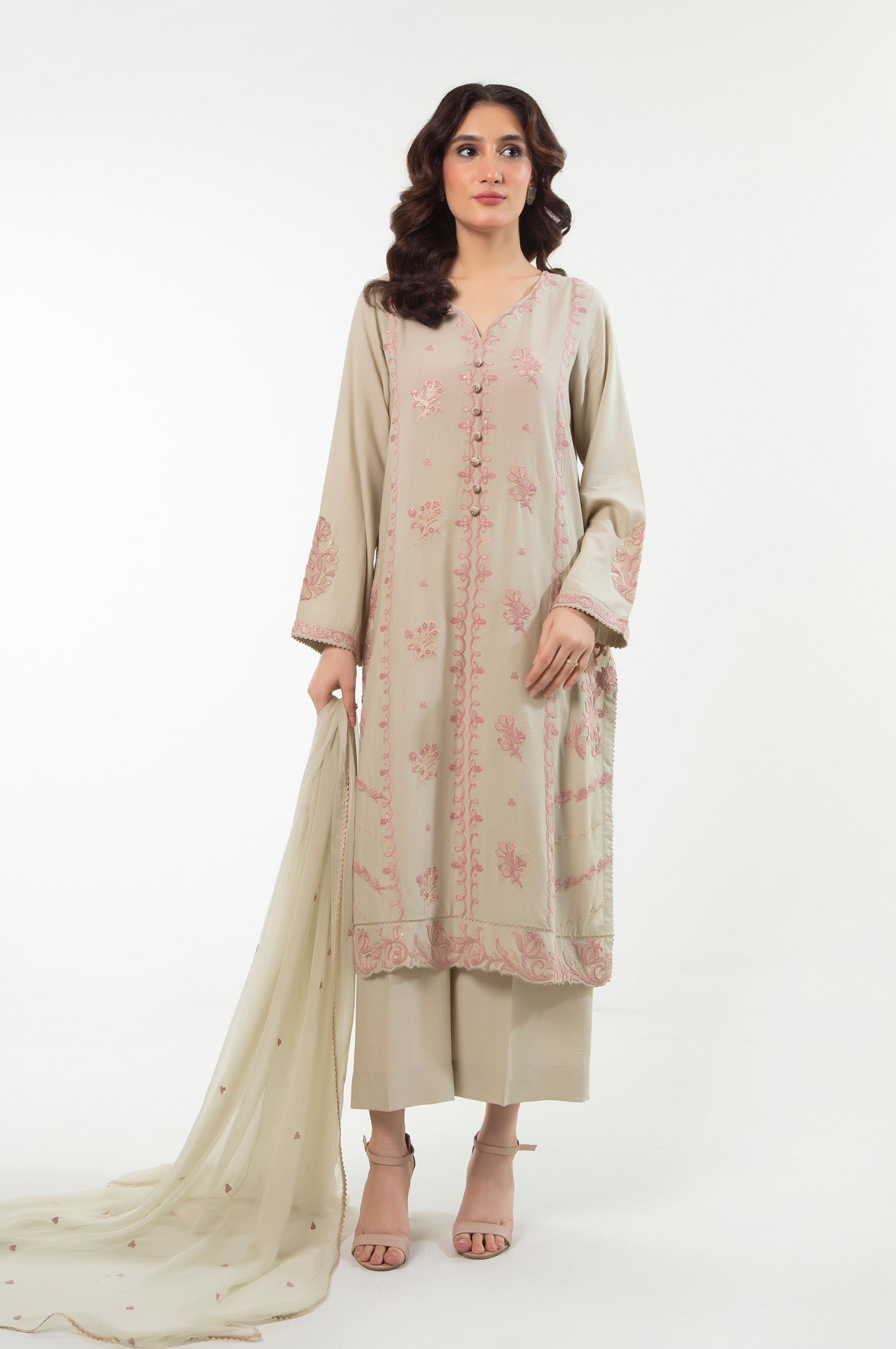 STITCHED EMBROIDERED DULL RAW SILK SUIT