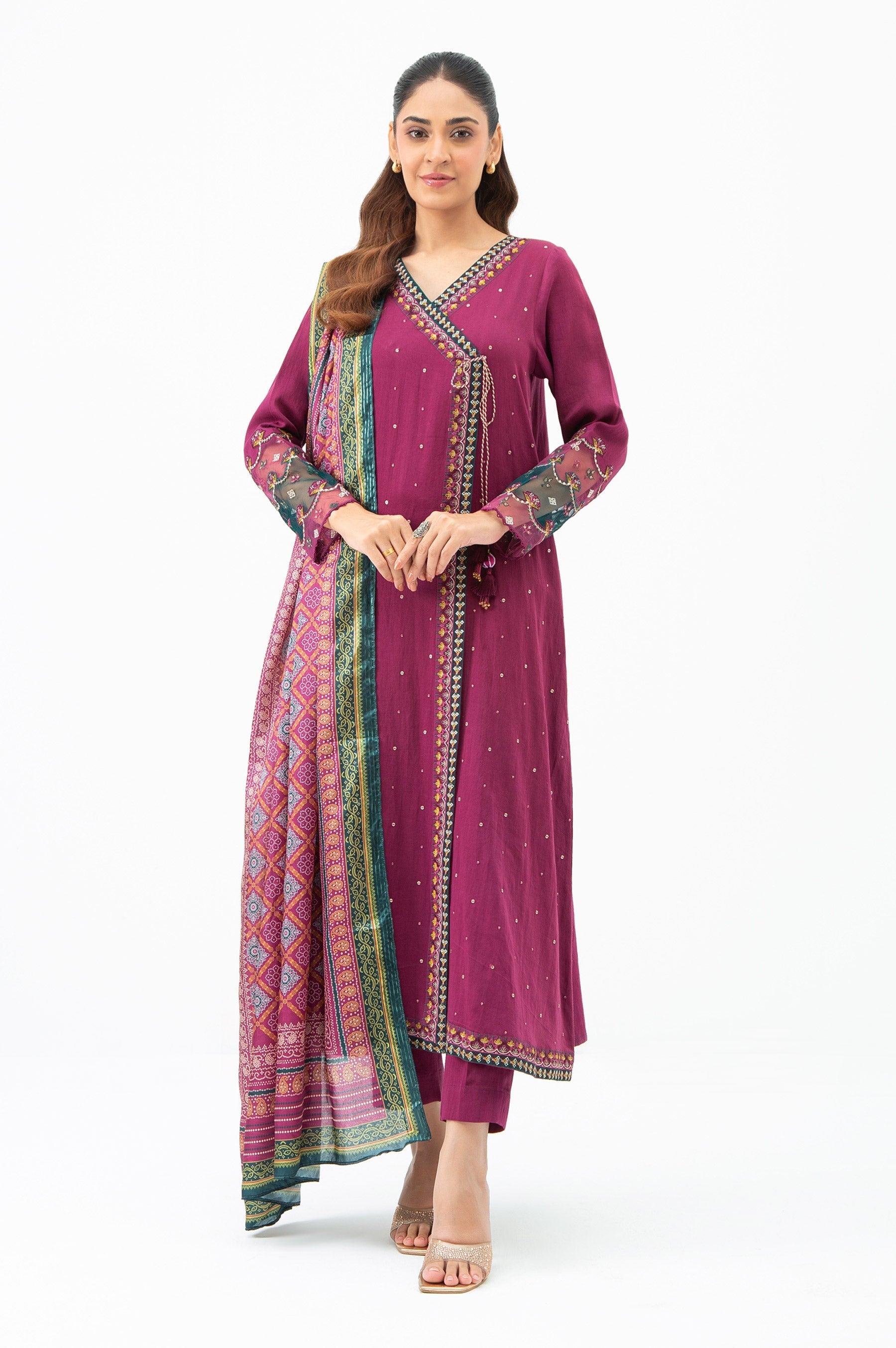 STITCHED EMBROIDERED COTTON SATIN SUIT (FACTORY E-OUTLET)