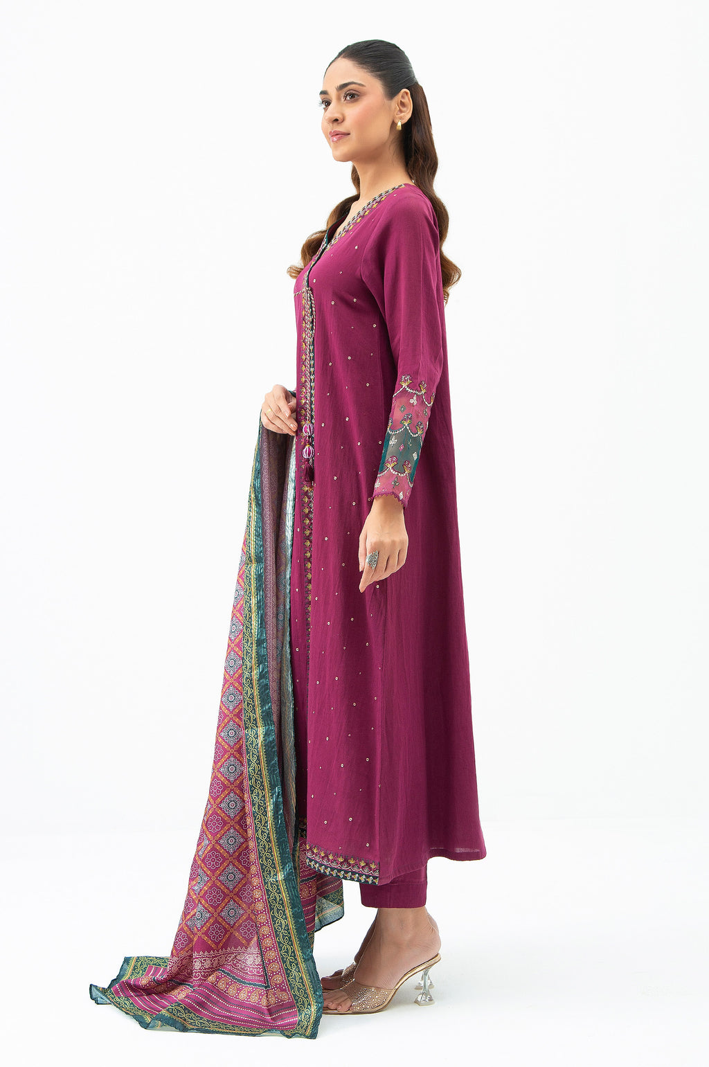 STITCHED EMBROIDERED COTTON SATIN SUIT
