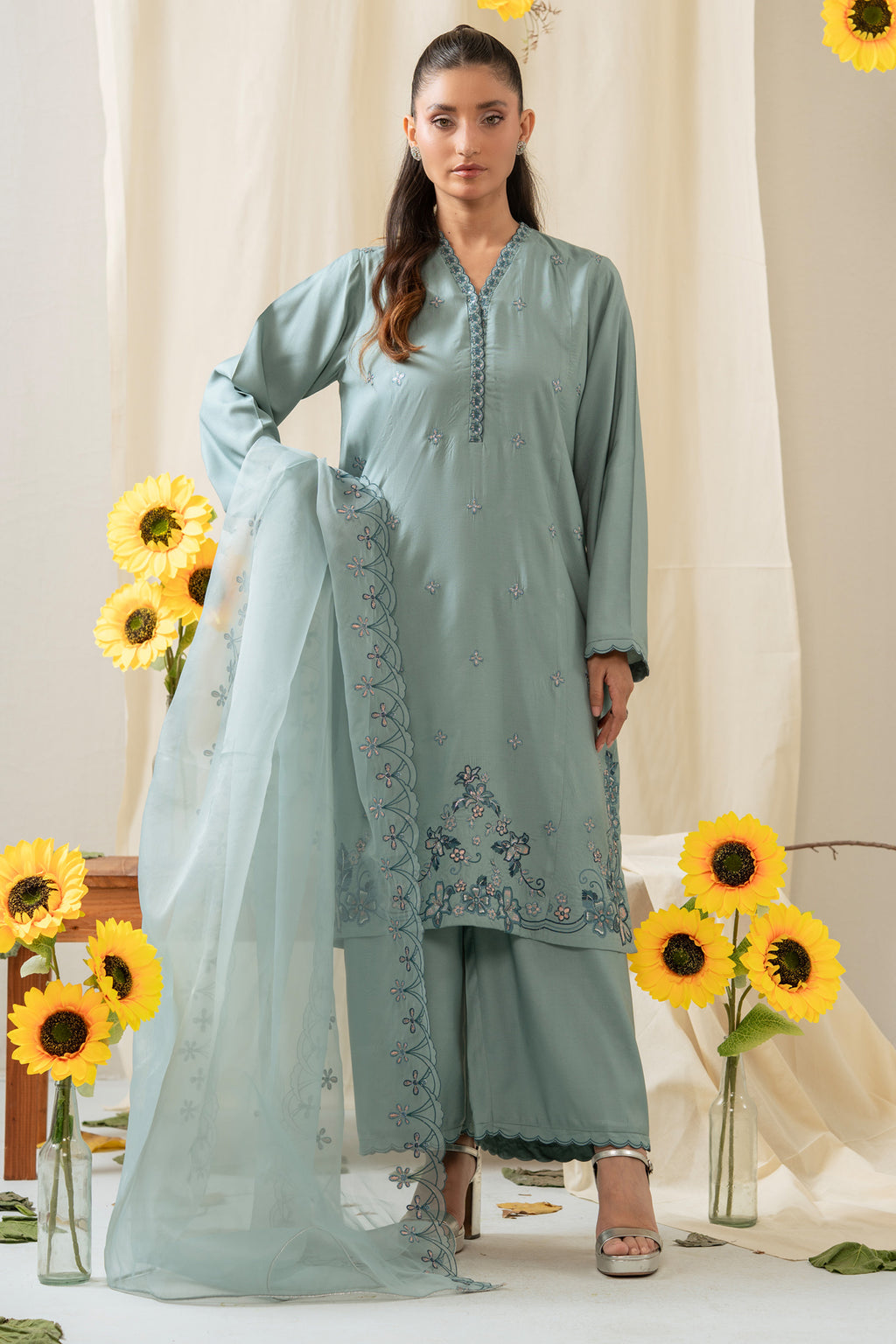 STITCHED EMBROIDERED RAW SILK SUIT