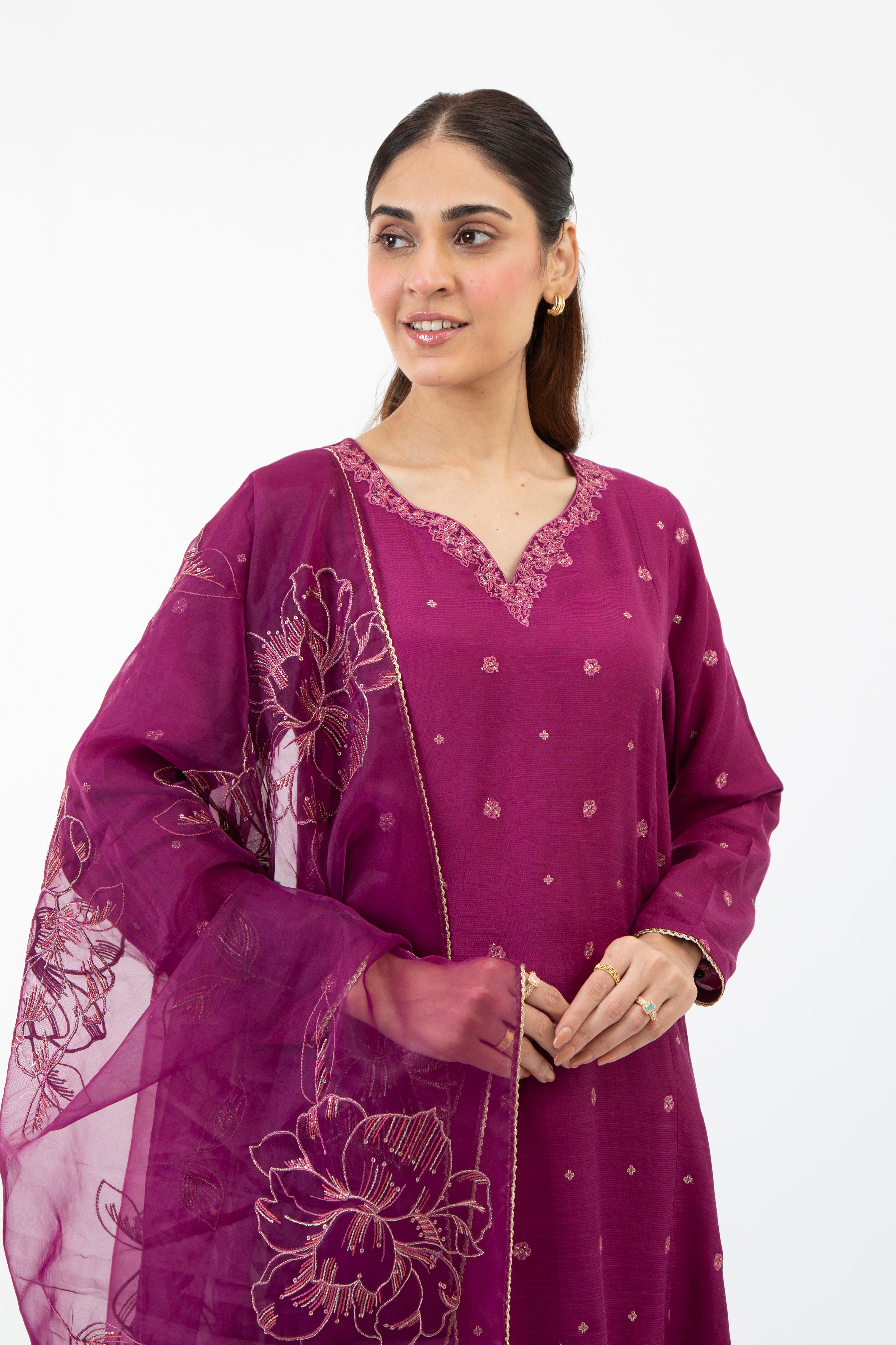 EMBROIDERED RAW SILK STITCHED 3 PIECE SUIT