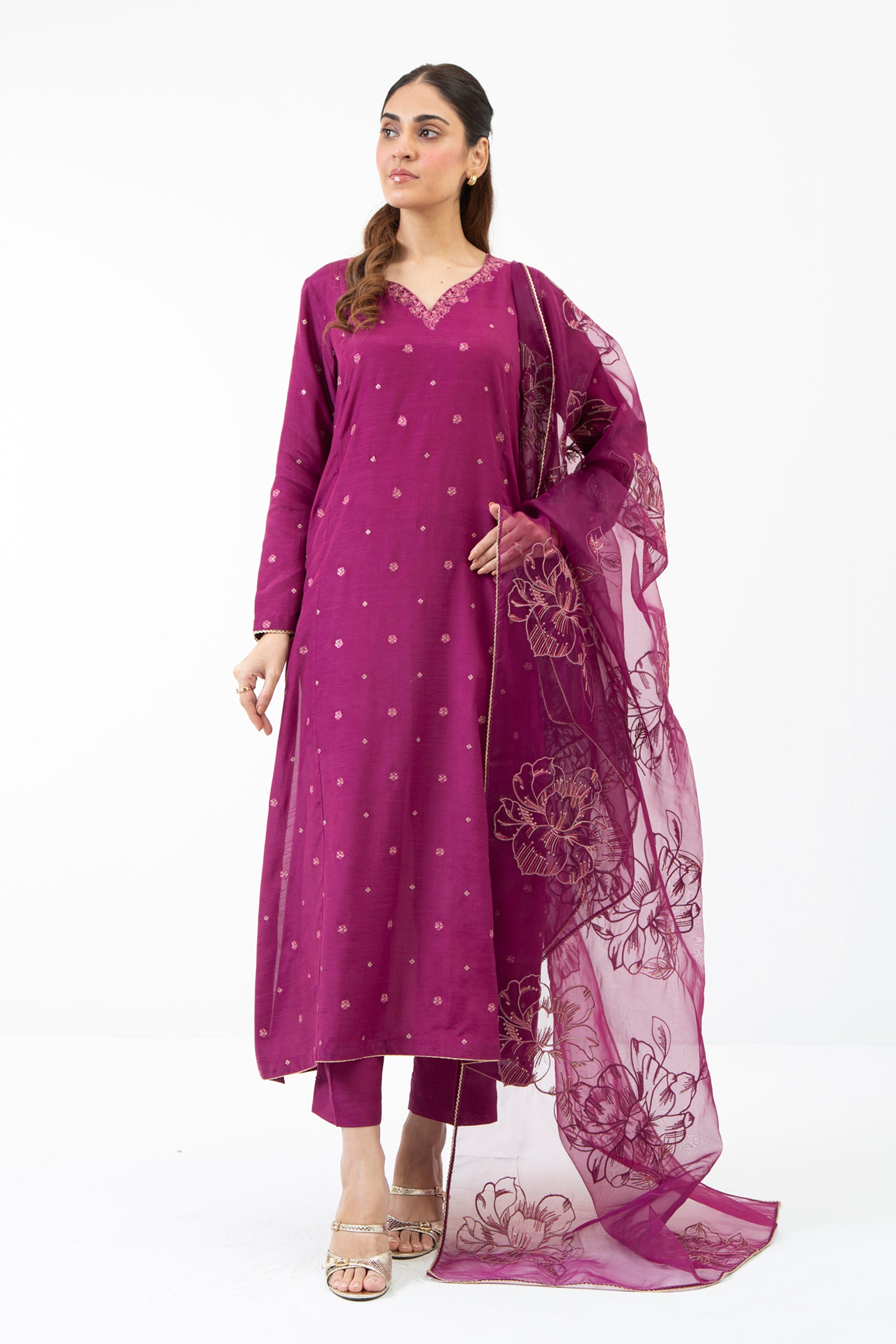 EMBROIDERED RAW SILK STITCHED 3 PIECE SUIT