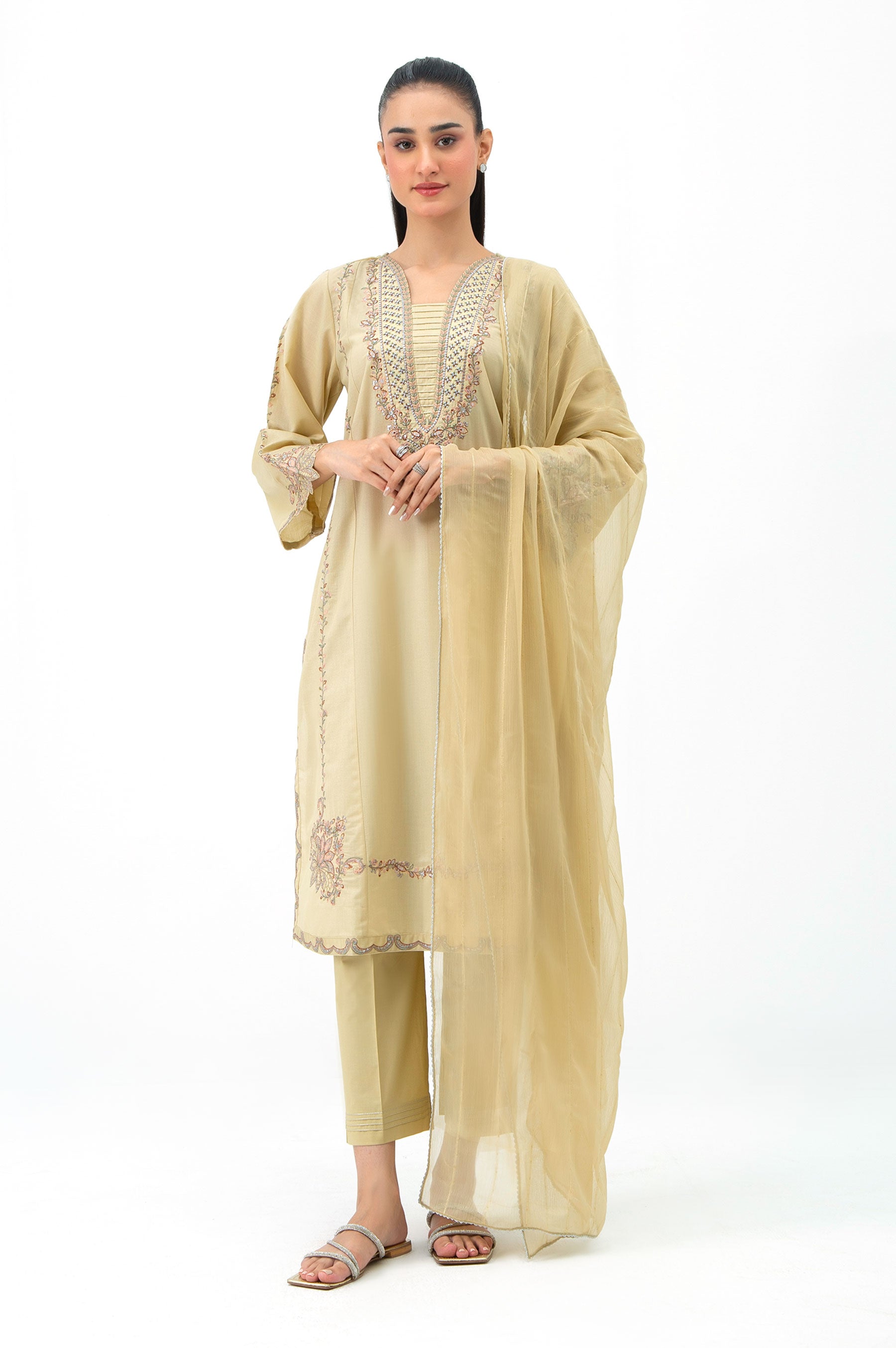 EMBROIDERED CAMBRIC STITCHED 3 PIECE SUIT