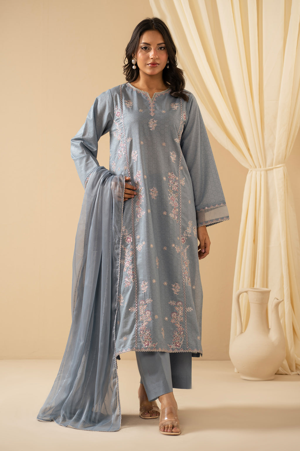 STITCHED EMBROIDERED CAMBRIC ZARI SUIT