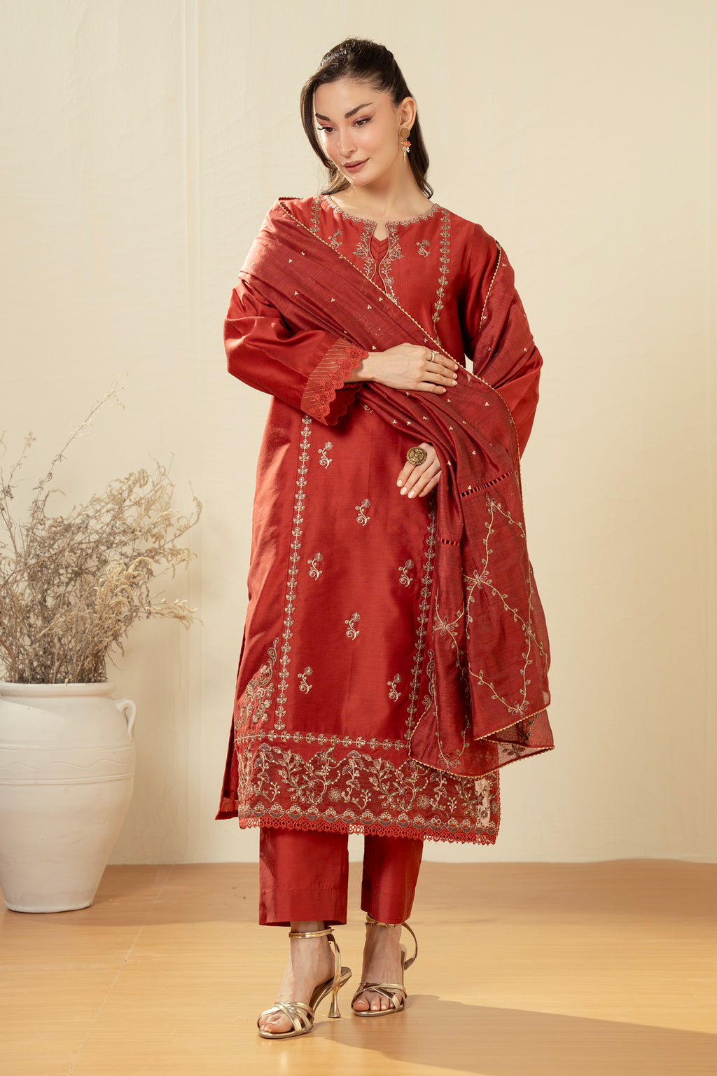 EMBROIDERED COTTON NET STITCHED 3 PIECE SUIT