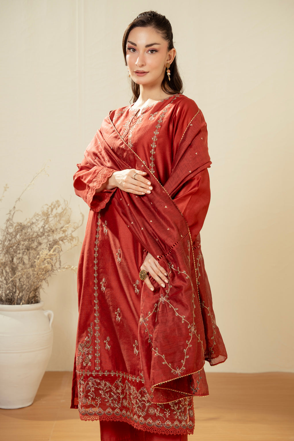 EMBROIDERED COTTON NET STITCHED 3 PIECE SUIT