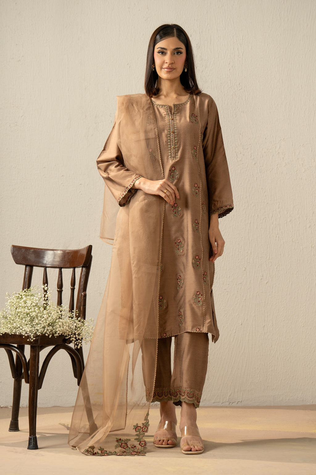 EMBROIDERED COTTON SILK STITCHED 3 PIECE SUIT