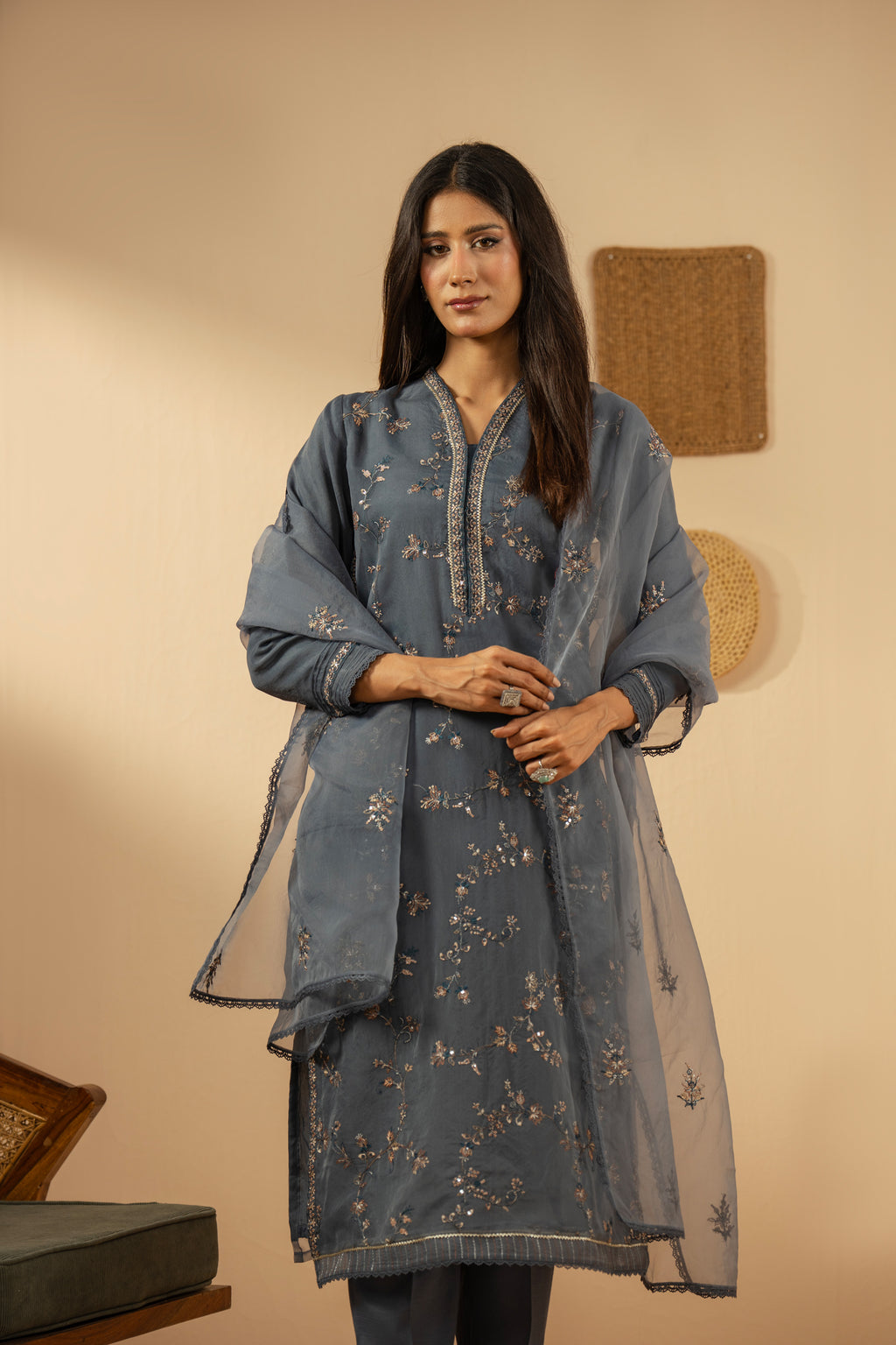 EMBROIDERED ORGANZA STITCHED 3 PIECE SUIT